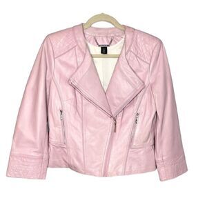 White House Black Market lilac purple leather quilted cropped moto jacket size M